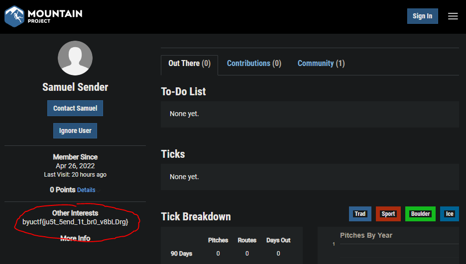 Profile page of Samuel Sender on Mountain Project, the flag is written in the Other Interests section.