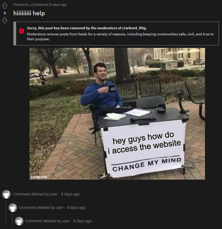 Screenshot of moderator-deleted meme post on subreddit, the meme reading “hey guys how do i access the website; change my mind”