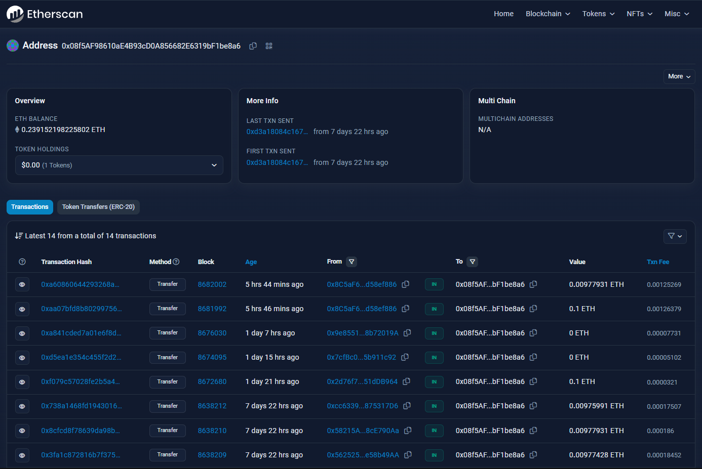 Screenshot of Etherscan transactions for the address 0x08f5AF...