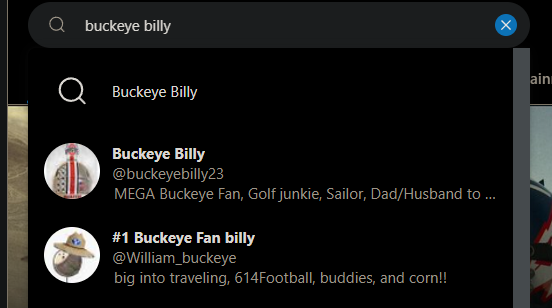 Search suggestions of “Buckeye Billy” on Twitter, with the third suggestion to be the account we need.