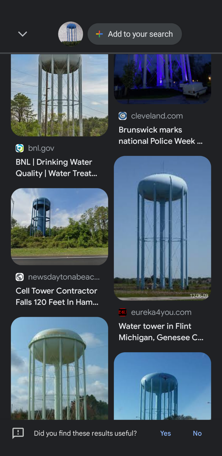 Mobile screenshot of Google Lens search of the water tower