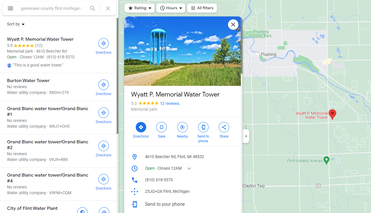 Screenshot of “Wyatt P. Memorial Water Tower” on Google Maps