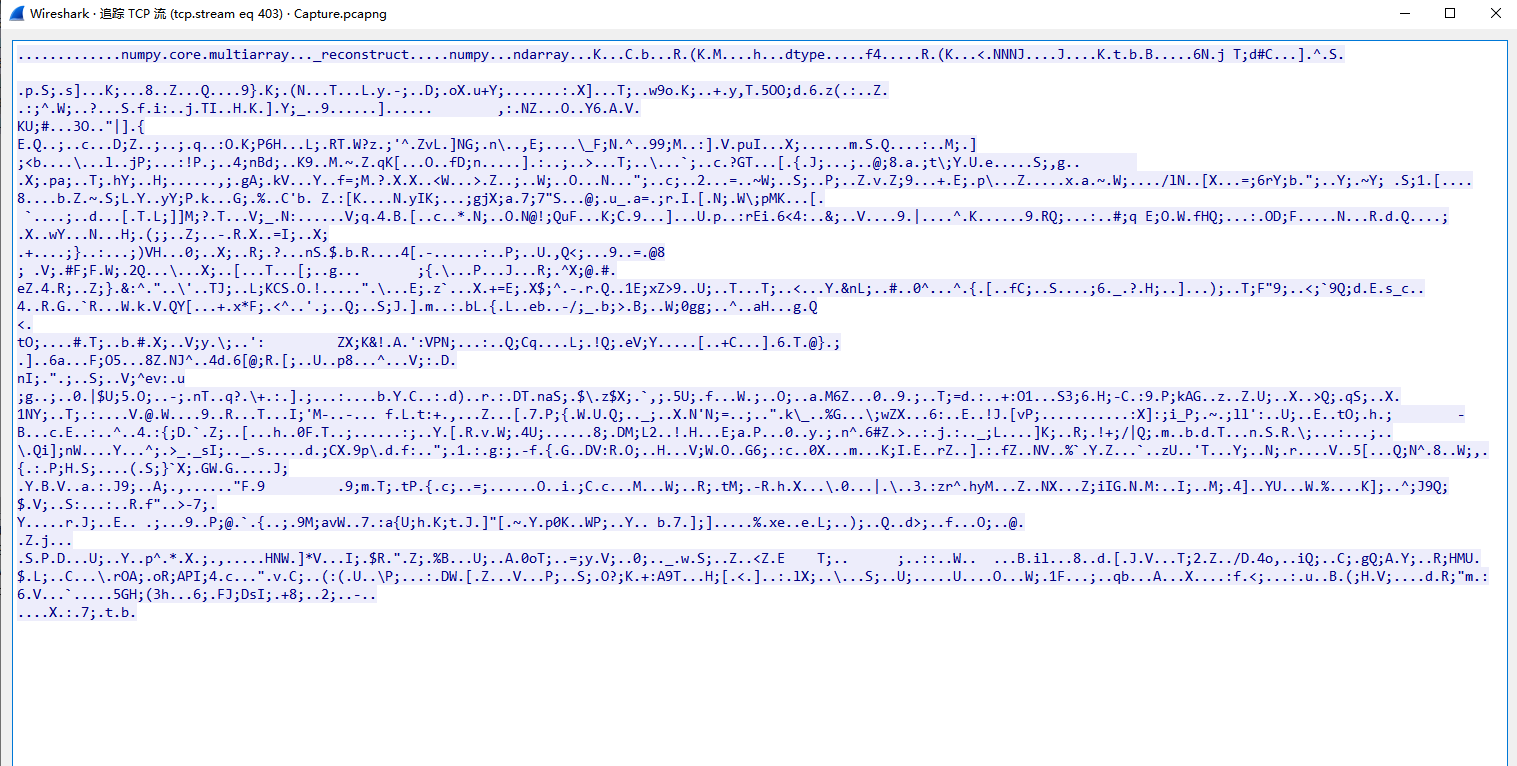 A TCP stream from Wireshark, showing the content of a Pickle file rendered in ASCII