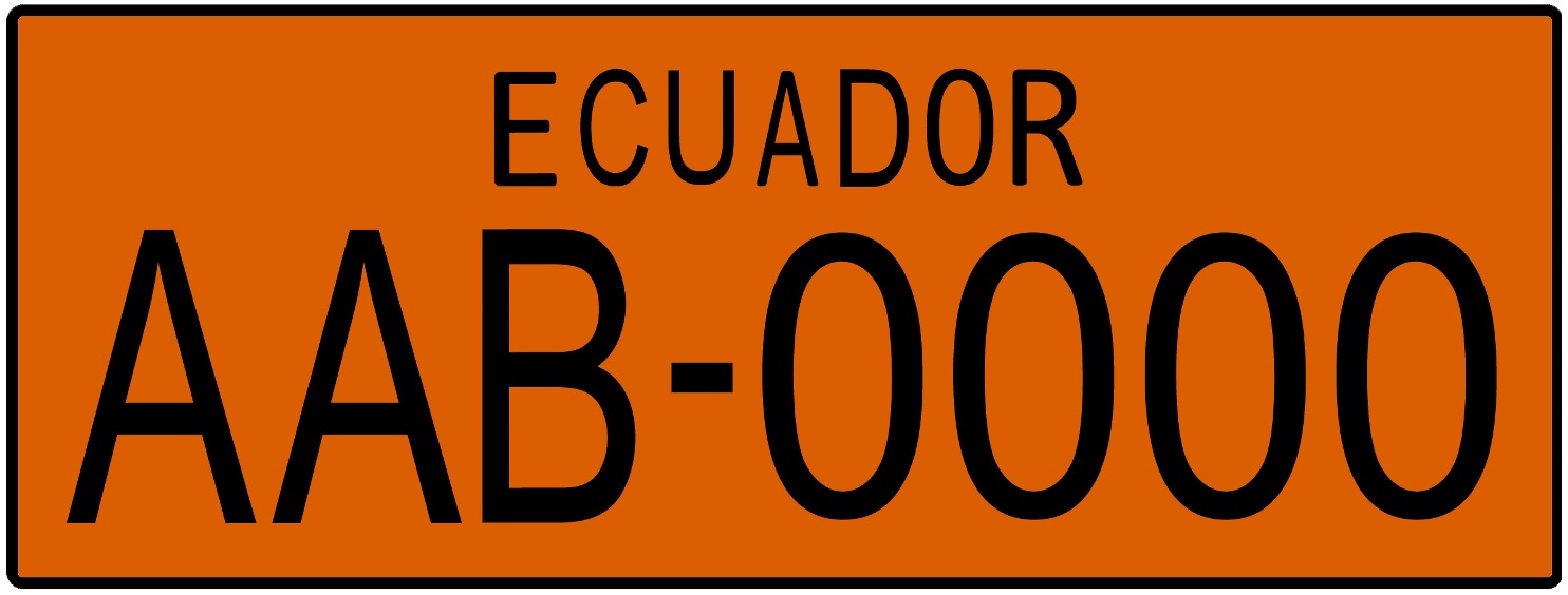 Wikimedia Commons example Ecuadorian license plate, colored orange to indicate taxis/buses