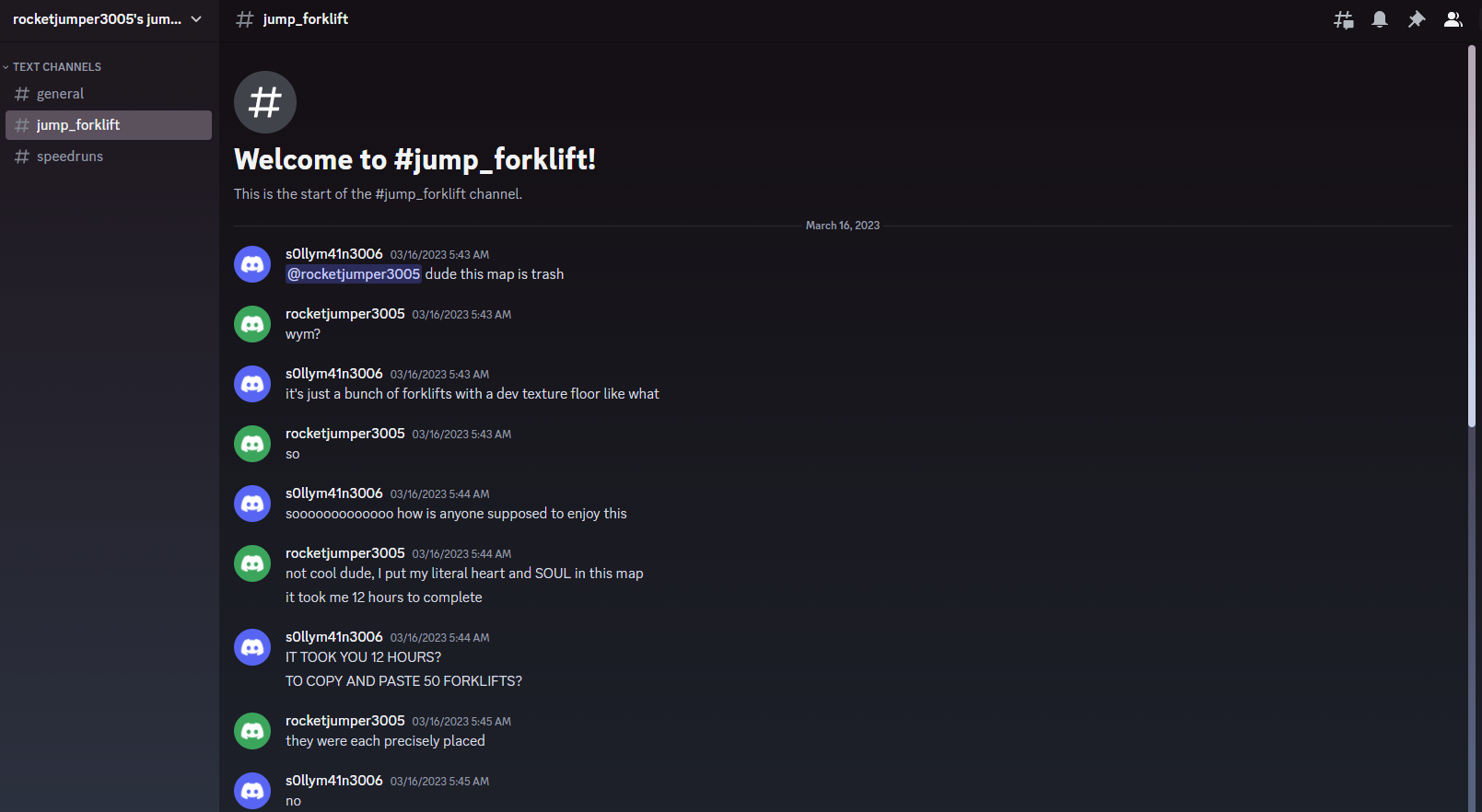 Screenshot of locked Discord server, focused on conversation in the channel #jump_forklift