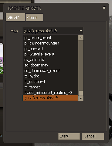 Screenshot of “(UGC) jump_forklift” appearing in TF2 map list