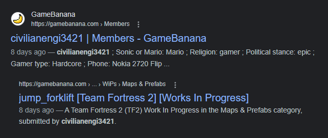 Screenshot of Google results from query “civilianengi3421” reveals GameBanana profile