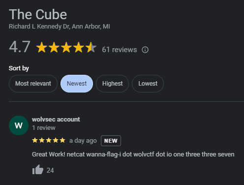 Screenshot of Google reviews for “The Cube”